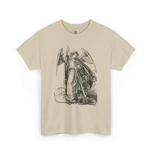 A sand t-shirt featuring a black printed graphic of Saint Michael slaying the dragon.