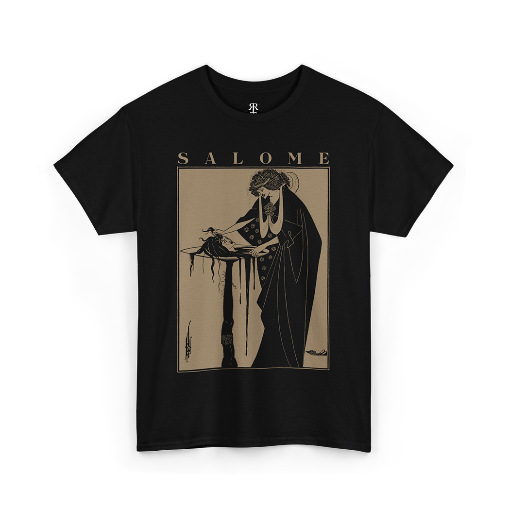 Black t-shirt with a graphic print of Salome by Aubrey Beardsley.