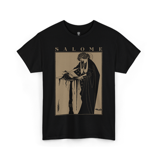 Black t-shirt with a graphic print of Salome by Aubrey Beardsley.