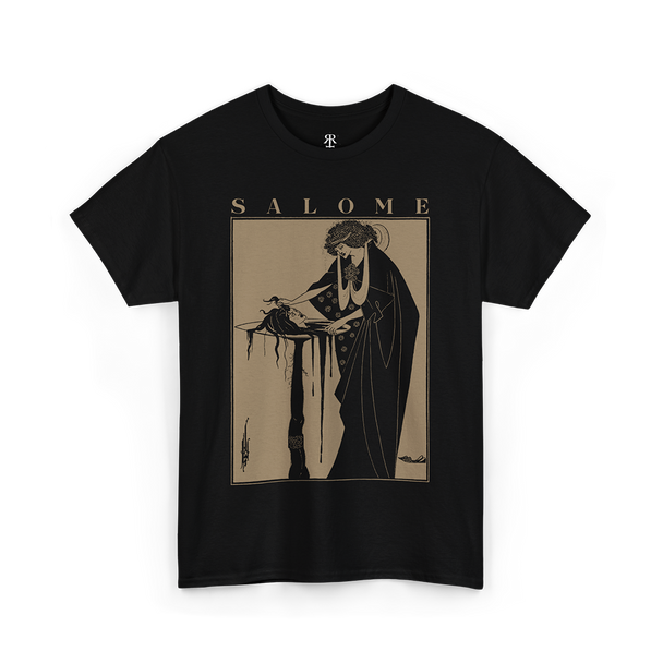 Black t-shirt with a graphic print of Salome by Aubrey Beardsley.