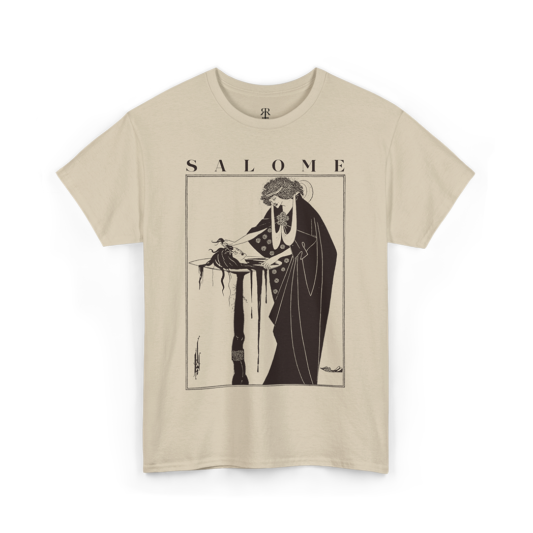 Beige t-shirt with a graphic print of Salome by Aubrey Beardsley.