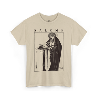 Beige t-shirt with a graphic print of Salome by Aubrey Beardsley.