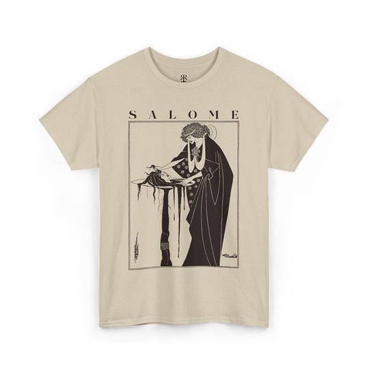 Beige t-shirt with a graphic print of Salome by Aubrey Beardsley.