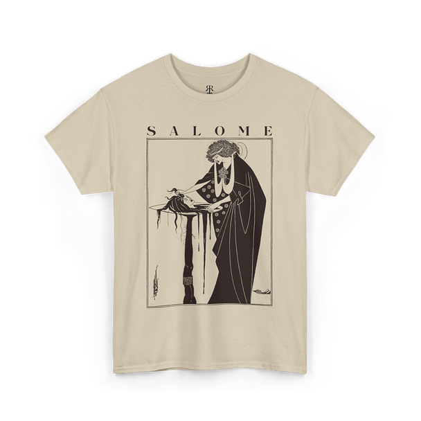 Beige t-shirt with a graphic print of Salome by Aubrey Beardsley.