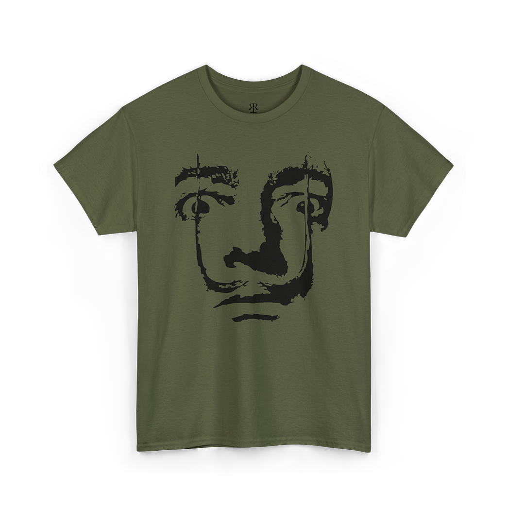 A olive green T-shirt featuring a printed face of Salvador Dali
