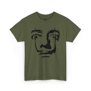 A olive green T-shirt featuring a printed face of Salvador Dali