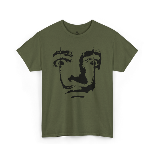 A olive green T-shirt featuring a printed face of Salvador Dali