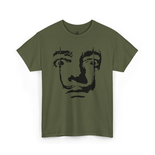 A olive green T-shirt featuring a printed face of Salvador Dali