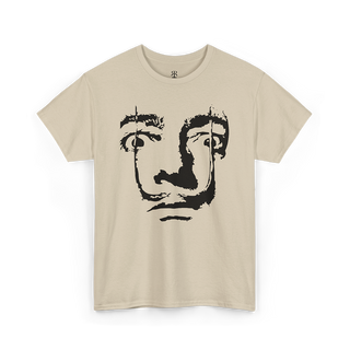 A beige T-shirt featuring a printed face of Salvador Dali
