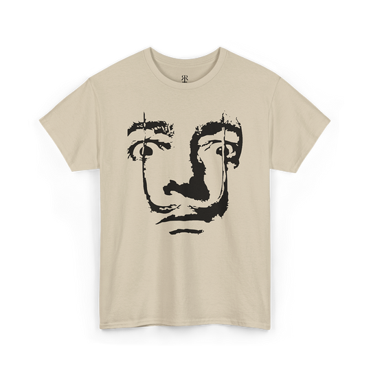 A beige T-shirt featuring a printed face of Salvador Dali