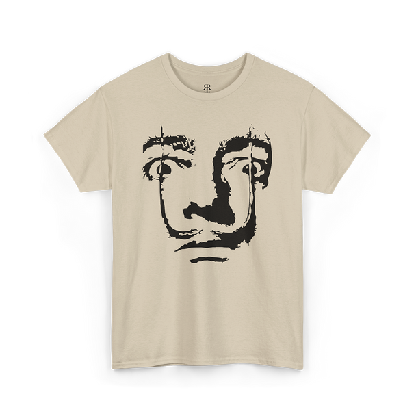 A beige T-shirt featuring a printed face of Salvador Dali