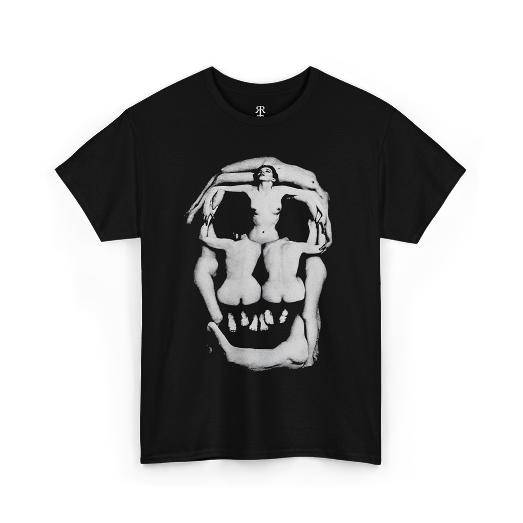 Black T-shirt with a white graphic print of a human skull made out of naked women bodies
