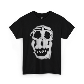 Black T-shirt with a white graphic print of a human skull made out of naked women bodies