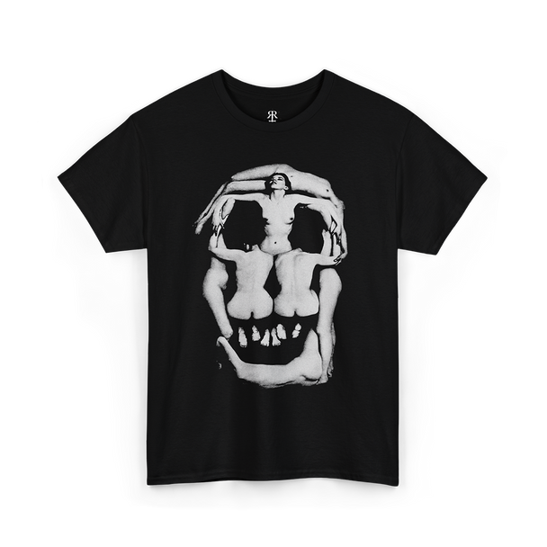 Black T-shirt with a white graphic print of a human skull made out of naked women bodies