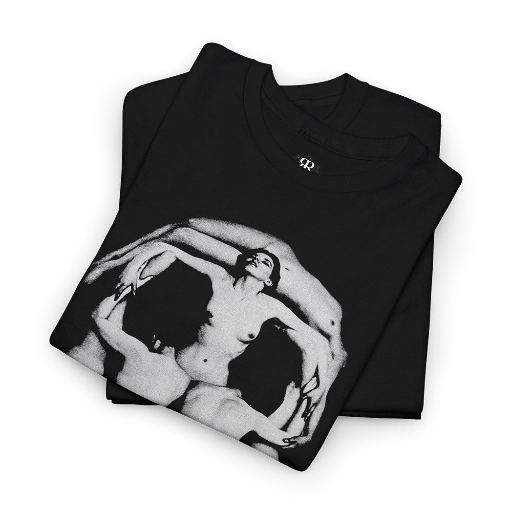 Black T-shirt with a white graphic print of a human skull made out of naked women bodies