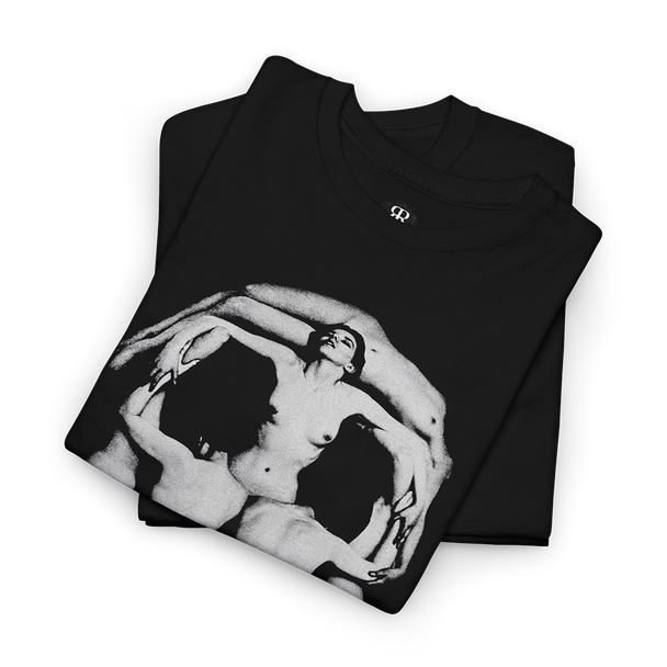 Black T-shirt with a white graphic print of a human skull made out of naked women bodies
