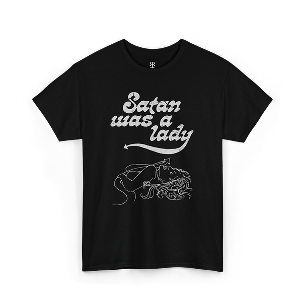 Satan was a lady t-shirt, white line drawing of a woman on the front, black shirt