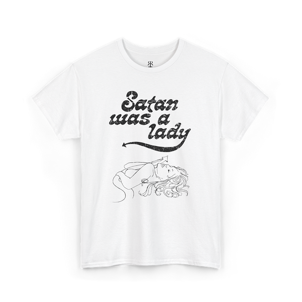 Satan was a lady t-shirt, white line drawing of a woman on the front, white shirt