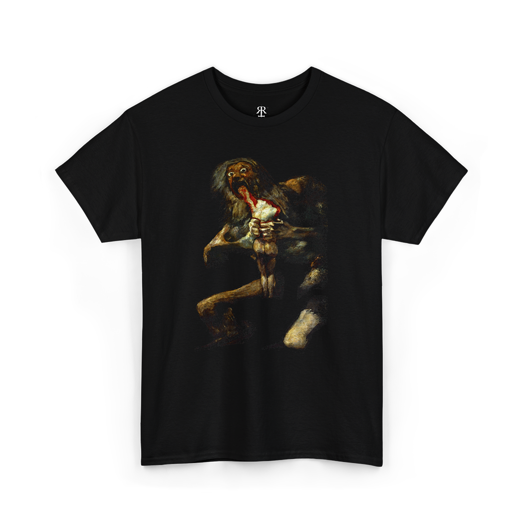 Black t-shirt featuring a printed image of Saturn devouring his son, after the famous painting by Francisco Goya.