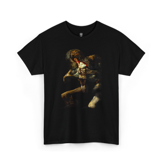 Black t-shirt featuring a printed image of Saturn devouring his son, after the famous painting by Francisco Goya.