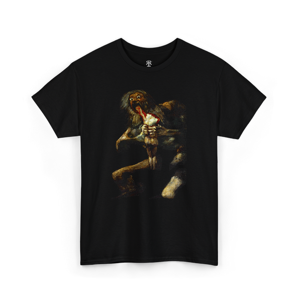 Black t-shirt featuring a printed image of Saturn devouring his son, after the famous painting by Francisco Goya.