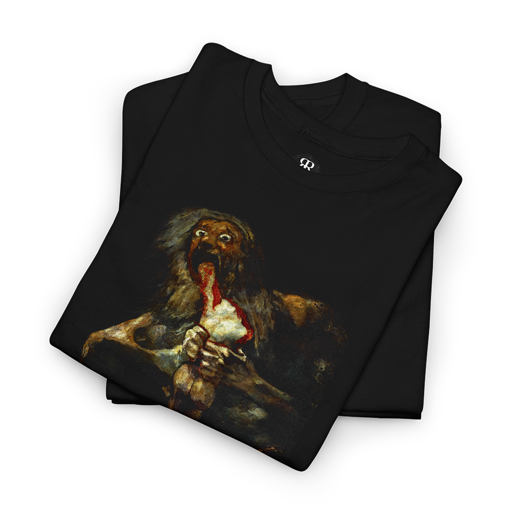 Black t-shirt featuring a printed image of Saturn devouring his son, after the famous painting by Francisco Goya.