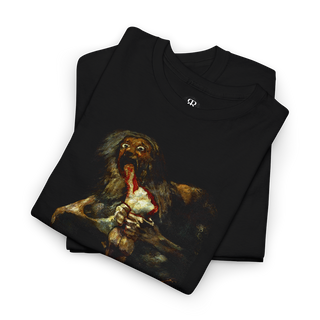 Black t-shirt featuring a printed image of Saturn devouring his son, after the famous painting by Francisco Goya.