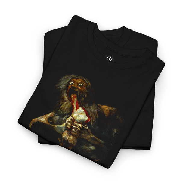 Black t-shirt featuring a printed image of Saturn devouring his son, after the famous painting by Francisco Goya.