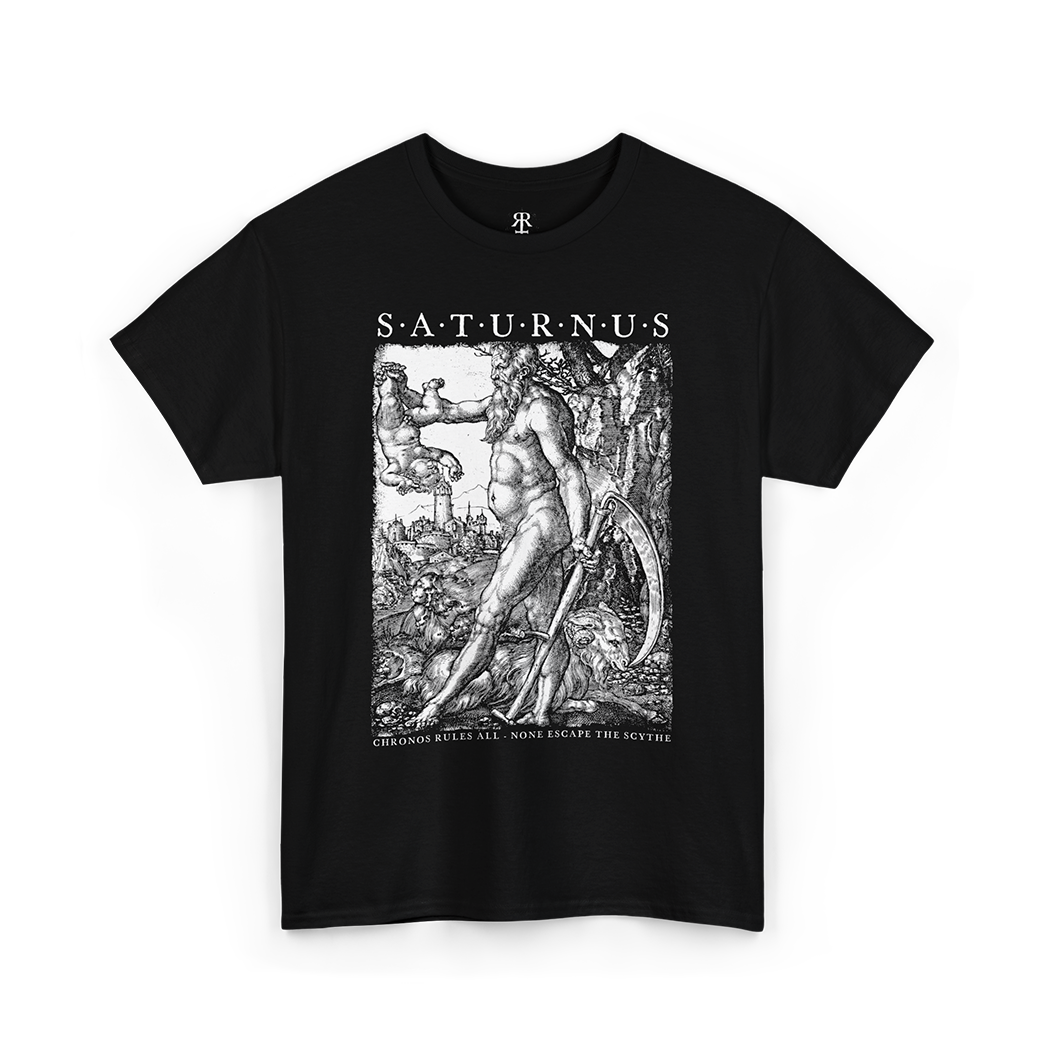 Black t-shirt with a graphic print of Saturn and the text 'SATURNUS' on the front.