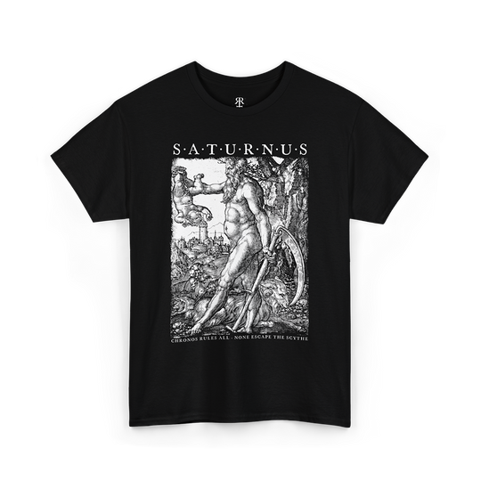 Black t-shirt with a graphic print of Saturn and the text 'SATURNUS' on the front.