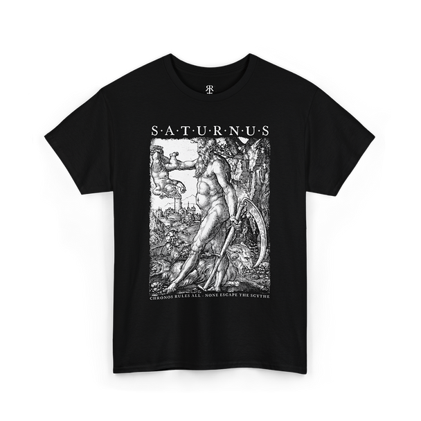 Black t-shirt with a graphic print of Saturn and the text 'SATURNUS' on the front.