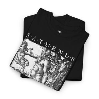 Black t-shirt with a graphic print of Saturn and the text 'SATURNUS' on the front.