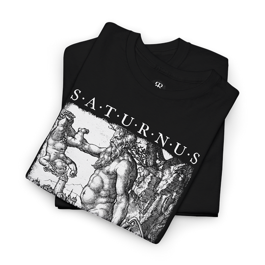 Black t-shirt with a graphic print of Saturn and the text 'SATURNUS' on the front.