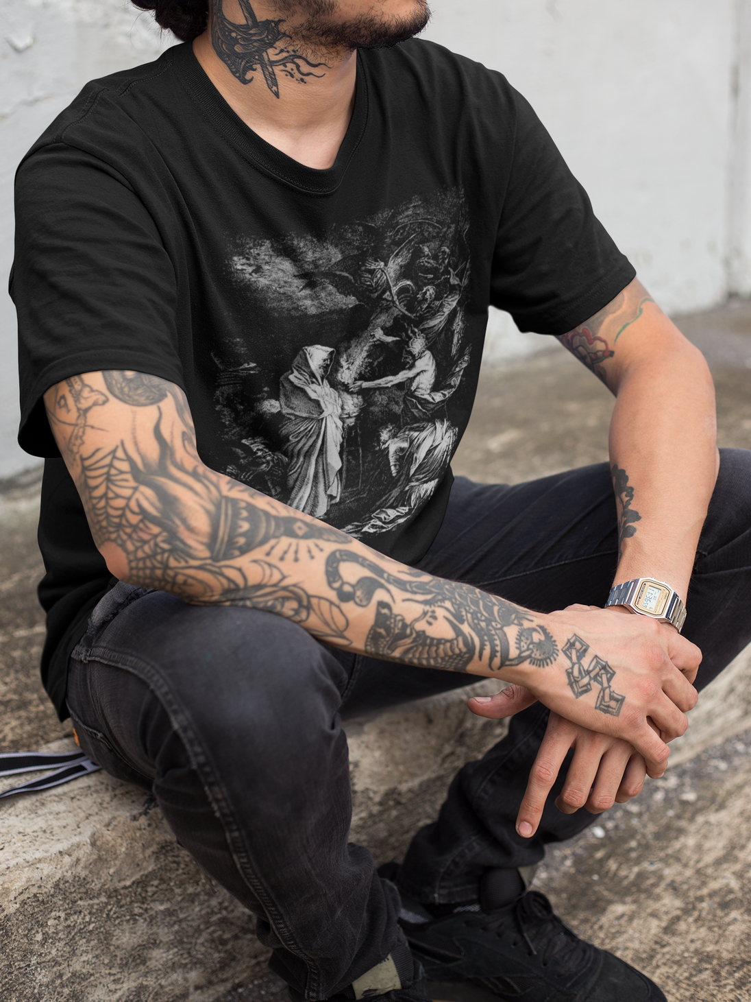 Man wearing Saul and the Witch of Endor T-Shirt