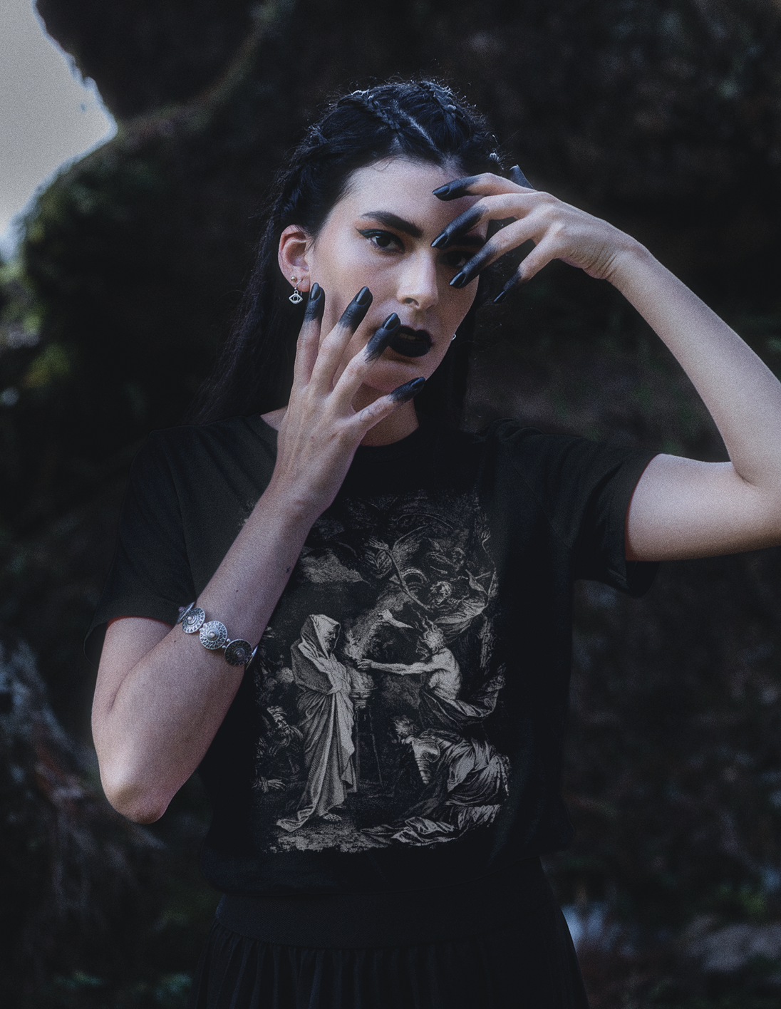 Woman wearing Saul and the Witch of Endor T-Shirt