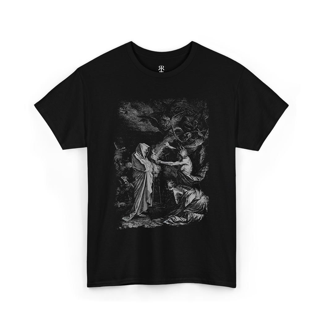 Black T-shirt with a monochrome graphic print of Saul and the Witch of Endor