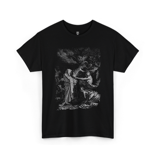 Black T-shirt with a monochrome graphic print of Saul and the Witch of Endor