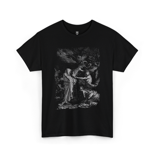 Black T-shirt with a monochrome graphic print of Saul and the Witch of Endor