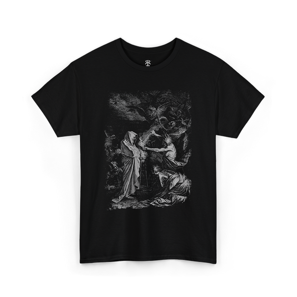 Black T-shirt with a monochrome graphic print of Saul and the Witch of Endor