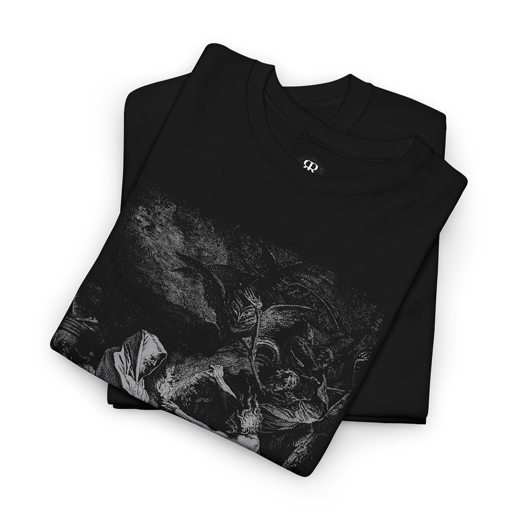 Black T-shirt with a monochrome graphic print of Saul and the Witch of Endor