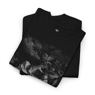 Black T-shirt with a monochrome graphic print of Saul and the Witch of Endor