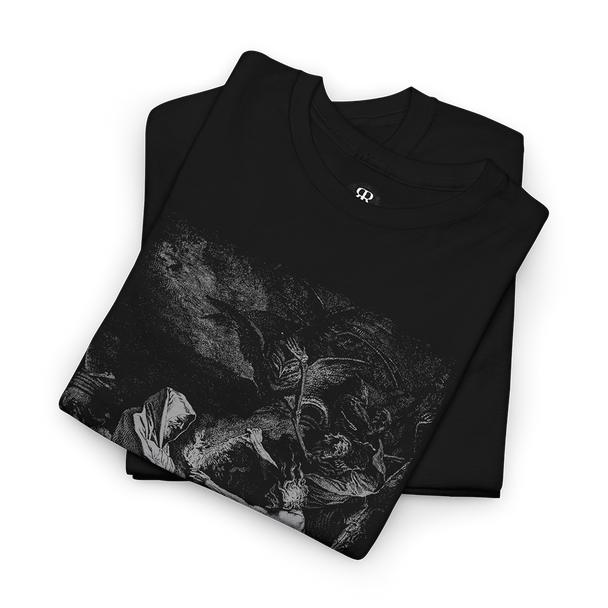 Black T-shirt with a monochrome graphic print of Saul and the Witch of Endor