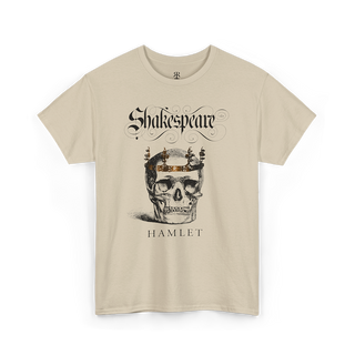A beige t-shirt with a graphic print of a skull wearing a crown, surrounded by text 'Shakespeare' and 'HAMLET'.