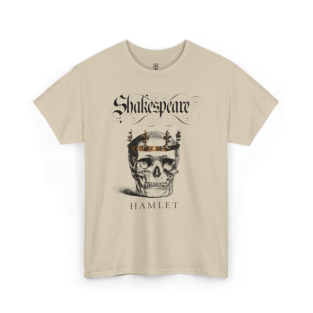 A beige t-shirt with a graphic print of a skull wearing a crown, surrounded by text 'Shakespeare' and 'HAMLET'.