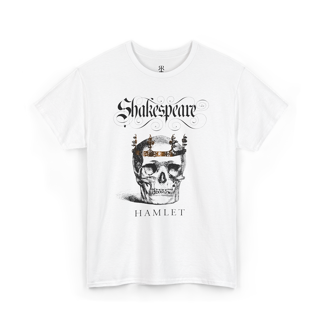 A white t-shirt with a graphic print of a skull wearing a crown, surrounded by text 'Shakespeare' and 'HAMLET'.