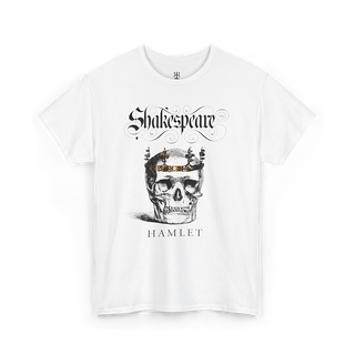 A white t-shirt with a graphic print of a skull wearing a crown, surrounded by text 'Shakespeare' and 'HAMLET'.