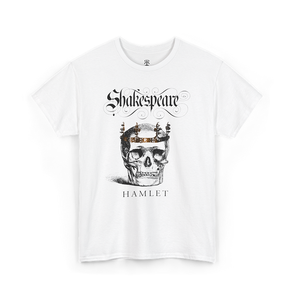 A white t-shirt with a graphic print of a skull wearing a crown, surrounded by text 'Shakespeare' and 'HAMLET'.