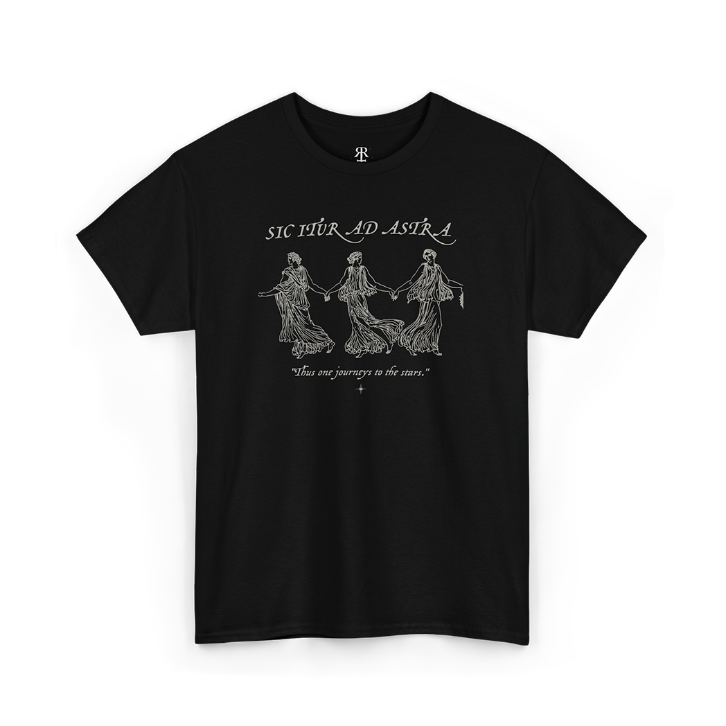 Black crew neck t-shirt with white text and graphic design featuring the phrase 'SIC ITUR AD ASTRA' and three stylized figures.