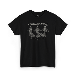 Black crew neck t-shirt with white text and graphic design featuring the phrase 'SIC ITUR AD ASTRA' and three stylized figures.