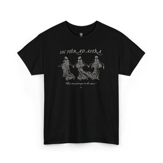 Black crew neck t-shirt with white text and graphic design featuring the phrase 'SIC ITUR AD ASTRA' and three stylized figures.